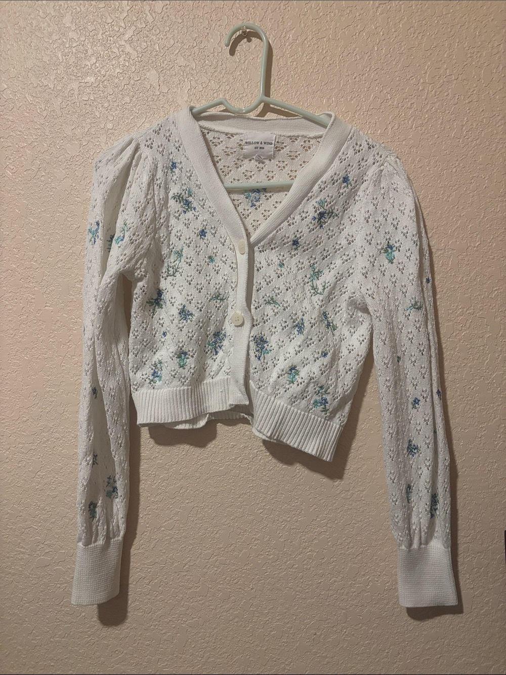 Hollister White Cropped Openwork Cardigan with Blue Floral Embroidery